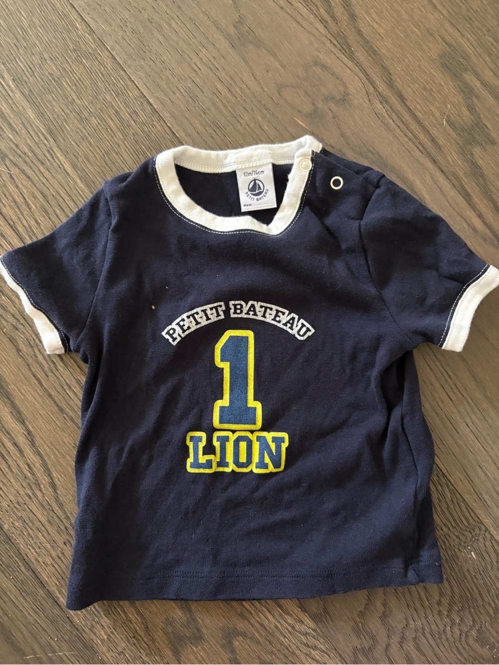 (3/$20) Petit Bateau Navy Short Sleeve Tee with Yellow/White Graphic